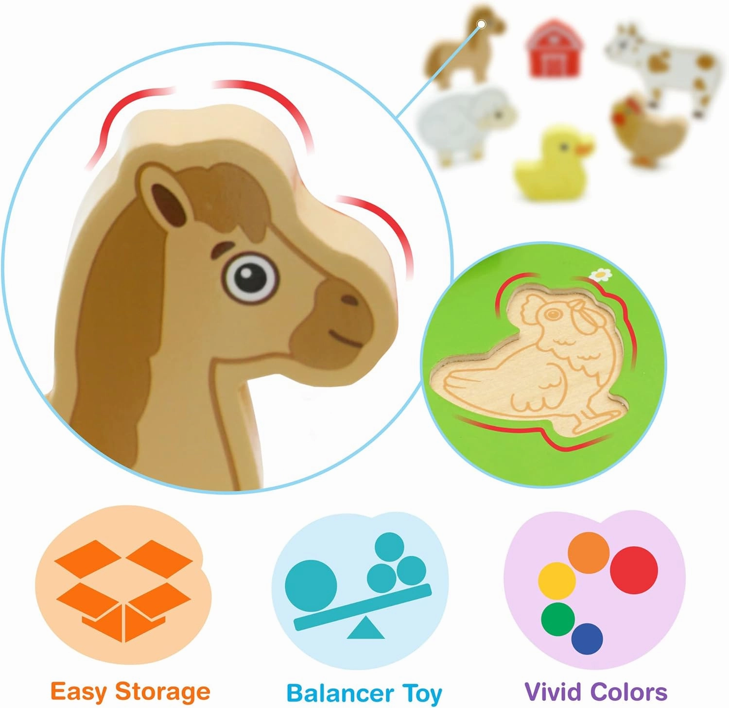Bimi Boo Wooden Farm Animal Puzzles for Toddlers - Farm Themed Wooden Toy with 6 Durable Chunky Pieces, Ideal Gift for Children