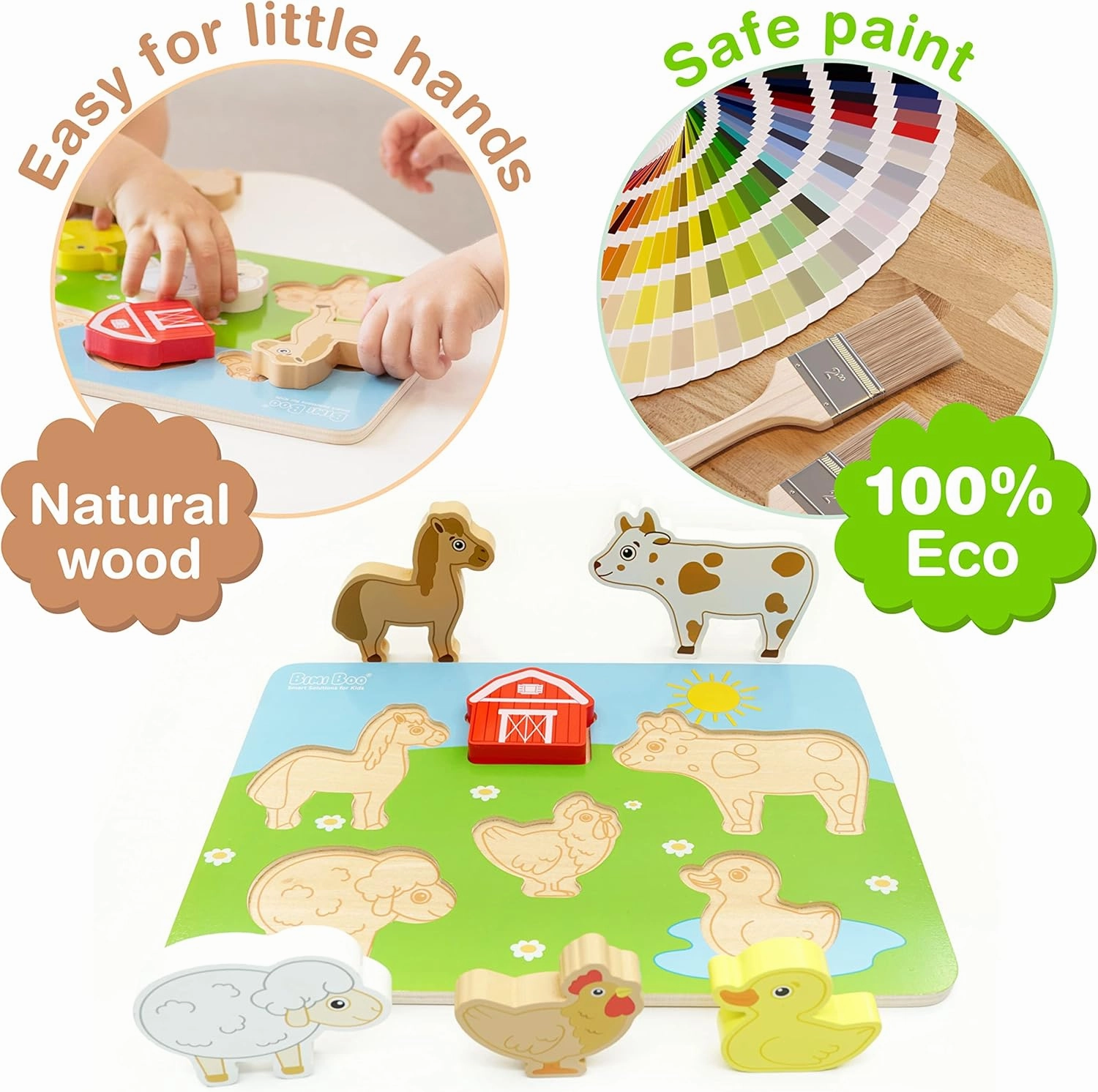 Bimi Boo Wooden Farm Animal Puzzles for Toddlers - Farm Themed Wooden Toy with 6 Durable Chunky Pieces, Ideal Gift for Children
