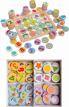 Bimi Boo Wooden Memory Matching Game for Toddlers 3  Year Old - Memory Match Board Game with Tiles - Cognitive Skill Development Preschool Learning Toy (100 Tiles, 50 Matching Pair Chips, 5 Themes)