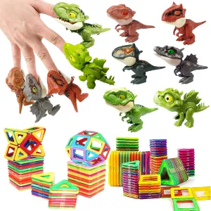 Biting Finger Dinosaur Toys Magnetic Tiles - Magnet Building Blocks Toddler Toys Dinosaur World Creative Games Kids Magnetic Set Castle Tiles Educational STEM（Q1）