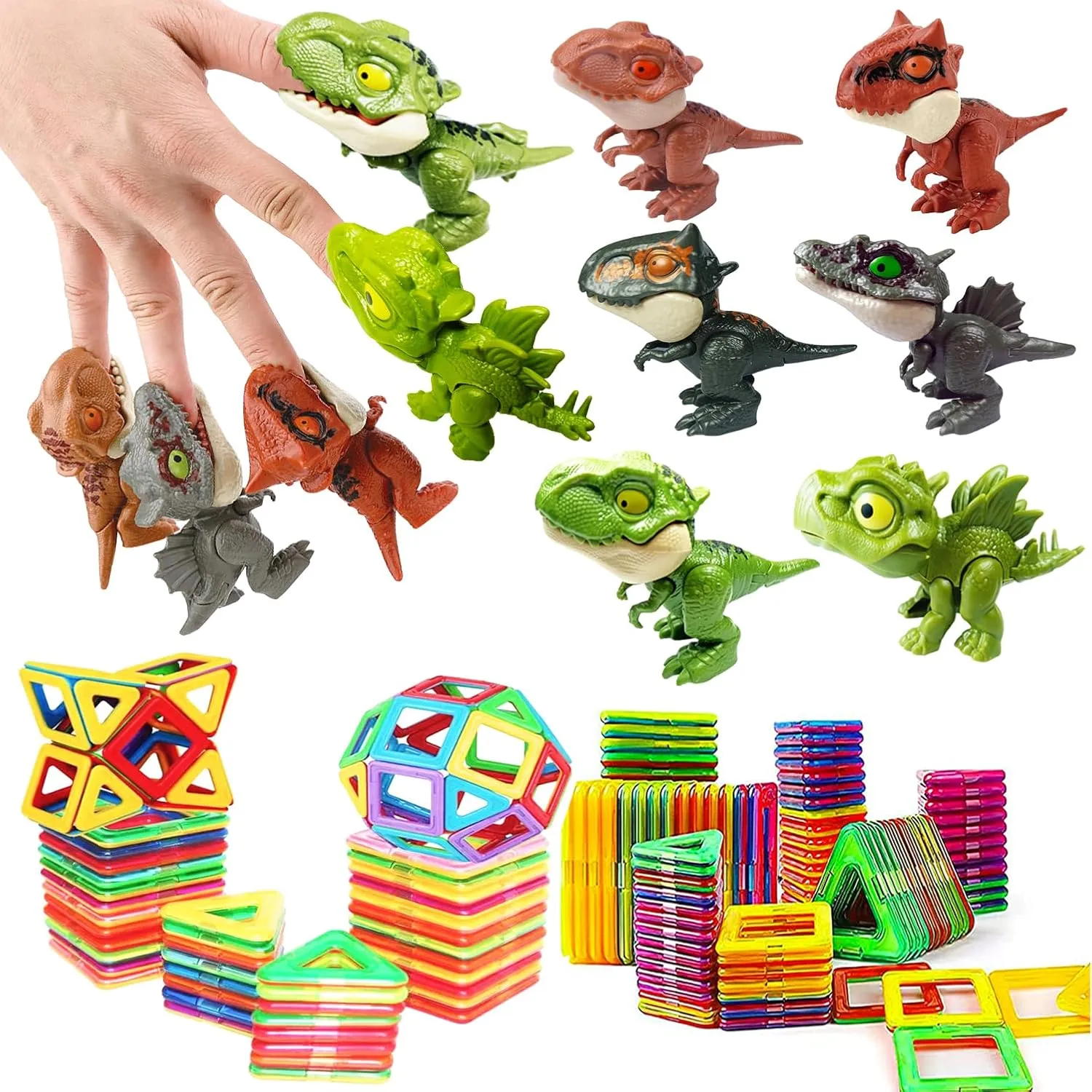 Biting Finger Dinosaur Toys Magnetic Tiles - Magnet Building Blocks Toddler Toys Dinosaur World Creative Games Kids Magnetic Set Castle Tiles Educational STEM（Q1）