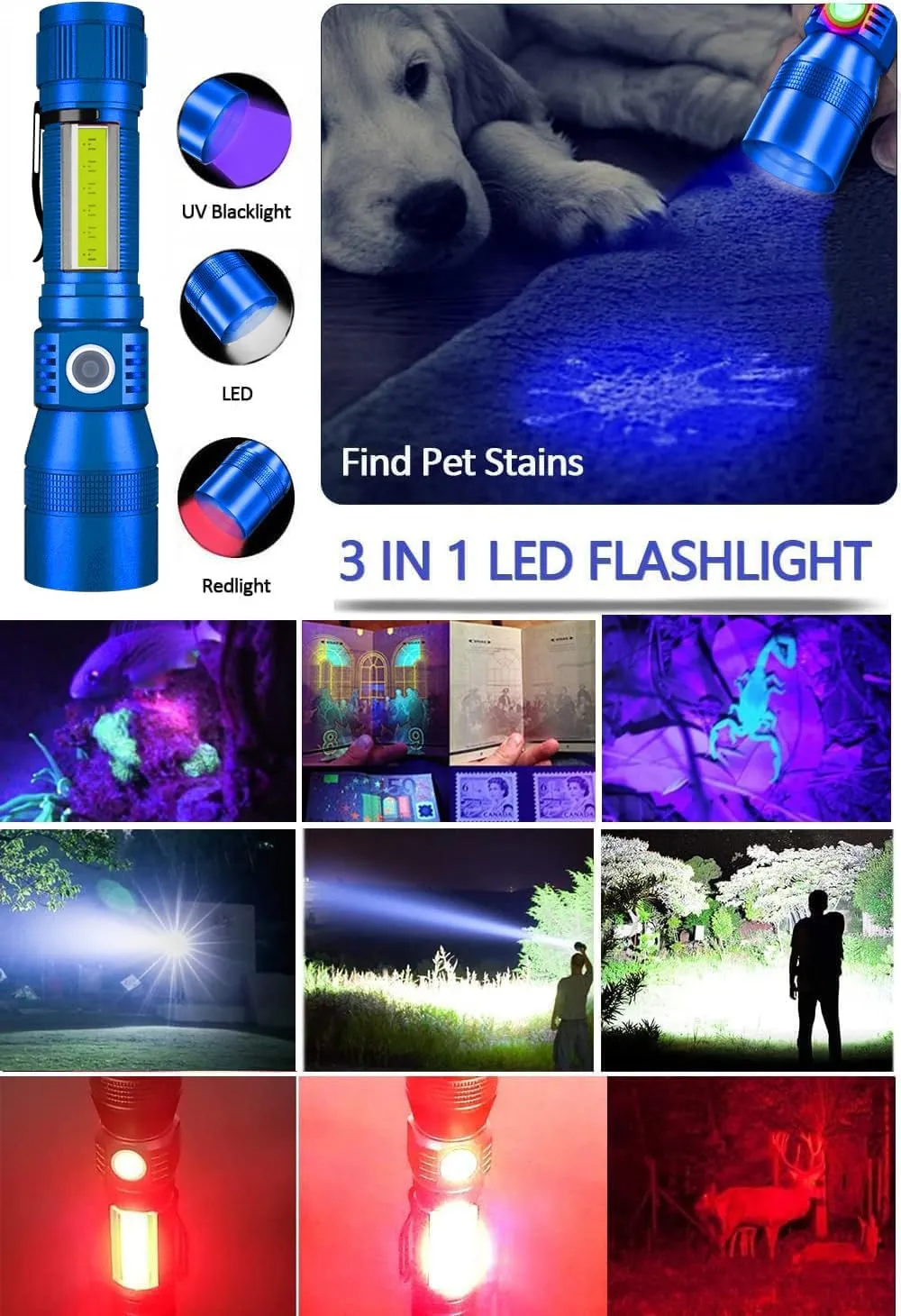 Black Light UV Flashlight Rechargeable, 3in1 Super Bright Tactical Flashlights LED UV Black Light &Redlight, 1500Lumen 7Modes, Zoomable, Waterproof Pocket Flashlight for Pet Stains Detection,Camping
