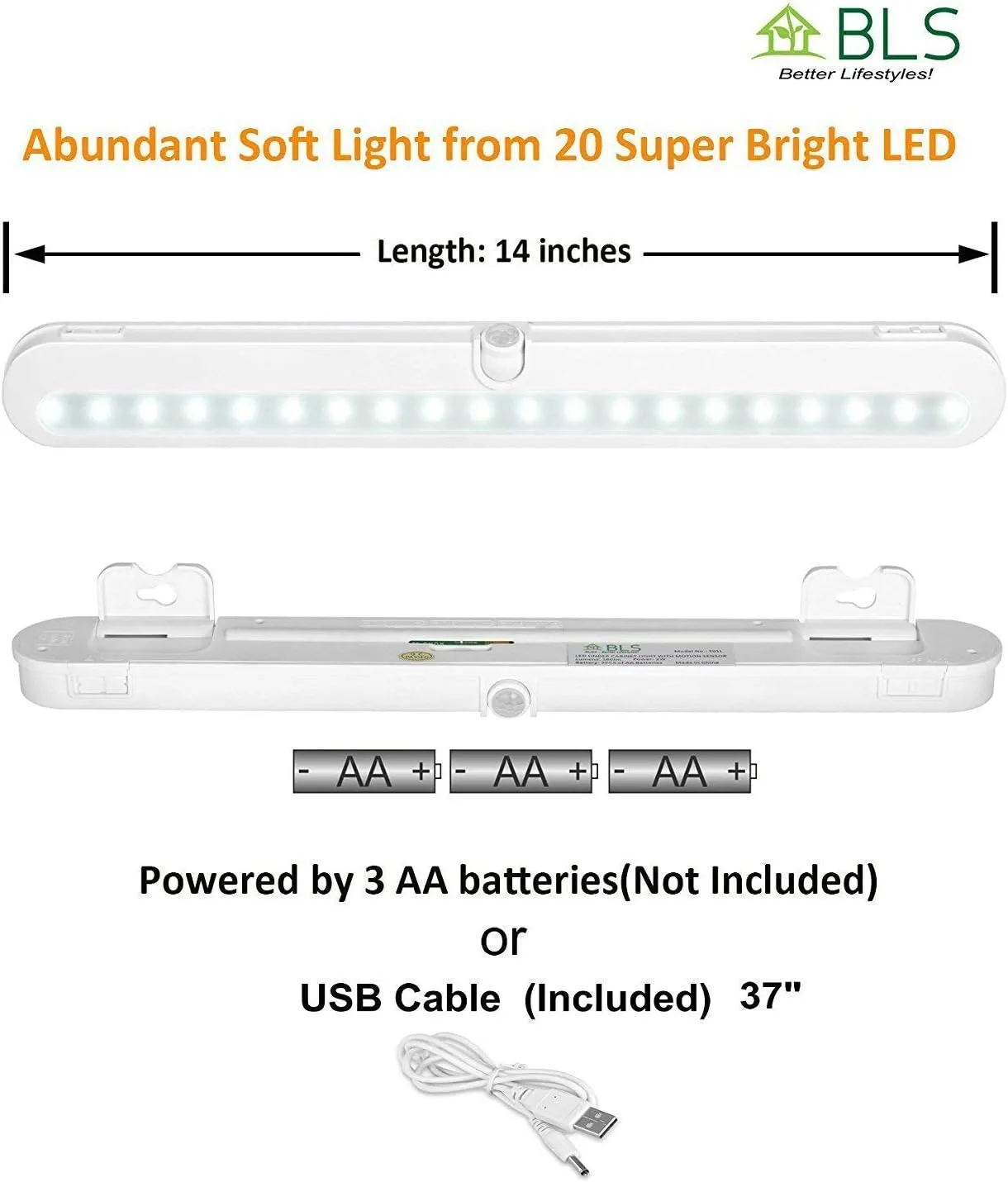 BLS T01L LED Closet Light, Super Bright 20 LED Under Cabinet Lighting Battery Powered/DC Input Wireless Motion Sensing Light, Auto On Off Switch, Motion Sensor & Light Sensor, Light Beam Adjustable