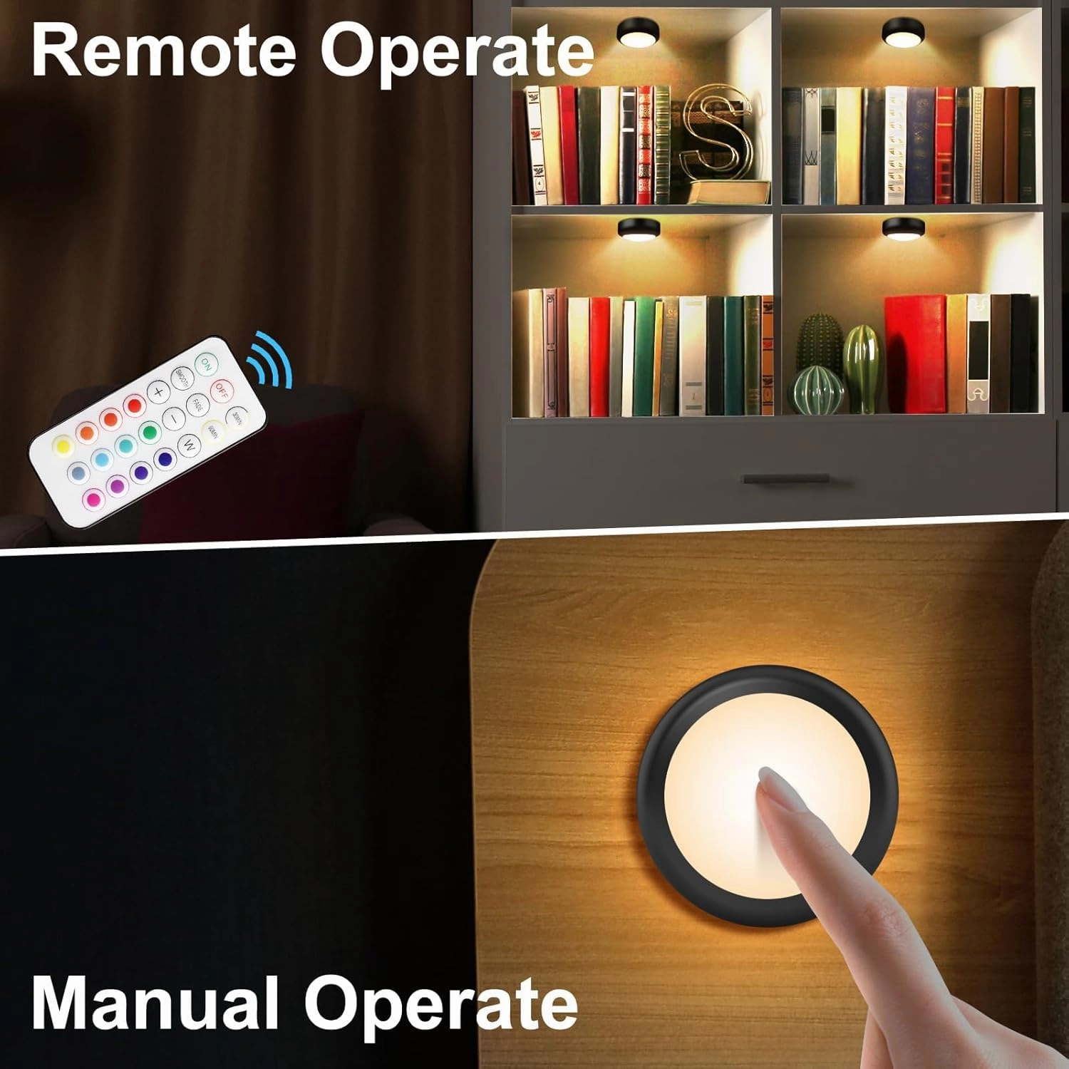 BLS LED Puck Lights with Remote Control, 13 Color Changing Under Cabinet Lighting Wireless, Push Battery Operated Night Light, Tap Battery Powered Stick on for Closet,Kitchen,Stairs,Step, Black 6 Pack