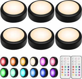 BLS LED Puck Lights with Remote Control, 13 Color Changing Under Cabinet Lighting Wireless, Push Battery Operated Night Light, Tap Battery Powered Stick on for Closet,Kitchen,Stairs,Step, Black 6 Pack