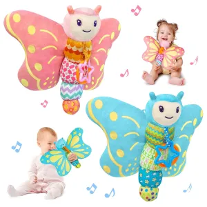 Blue & Pink Butterfly Toys,Baby Toys 0-6 Months,Infant Musical Sensory Stuffed Animal with Squeaker,Rattle,Crinkle Wings,Teether & Hanging Ring