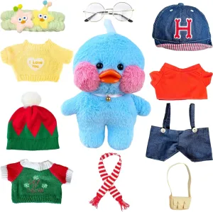 Blue Duck Plush Toy with 10 Outfits，Cute Duck Stuffed Animal with Clothes and Accessories, Funny Gifts for Boys & Girls (Blue)