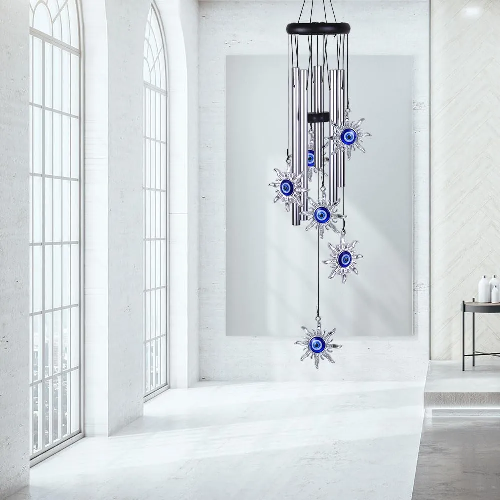 Blue Evil Eye Sun Wind Chimes Outdoor Decor, Mobile Sun Evil Eye Windcatcher, Evil Eye Sun Wind Bells, Sun Blue Evil Eye Amulet Wind Chimes for Home, Gift for Mom, Balcony, Patio, Garden Decoration