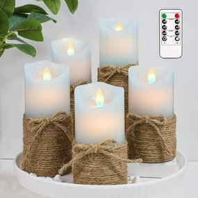 Blue Flameless Candles, Set of 5 Battery Operated LED Pillar Candles with Timer, Real Wax Candle Set with Remote for Home Bedroom Décor