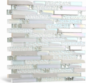 Blujellyfish Glass Metal Tile Iridescent White Glass Silver Mirror Stainless Steel Blends Interlocking Strip Wall Tiles TSTNB01 (Pack of 5 Sheets)