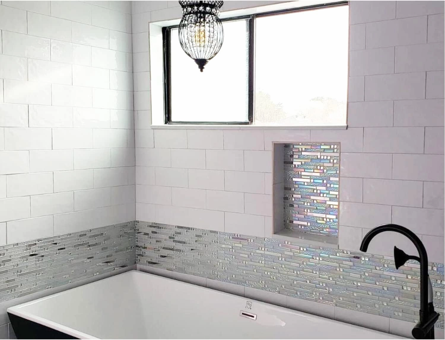 Blujellyfish Glass Metal Tile Iridescent White Glass Silver Mirror Stainless Steel Blends Interlocking Strip Wall Tiles TSTNB01 (Pack of 5 Sheets)