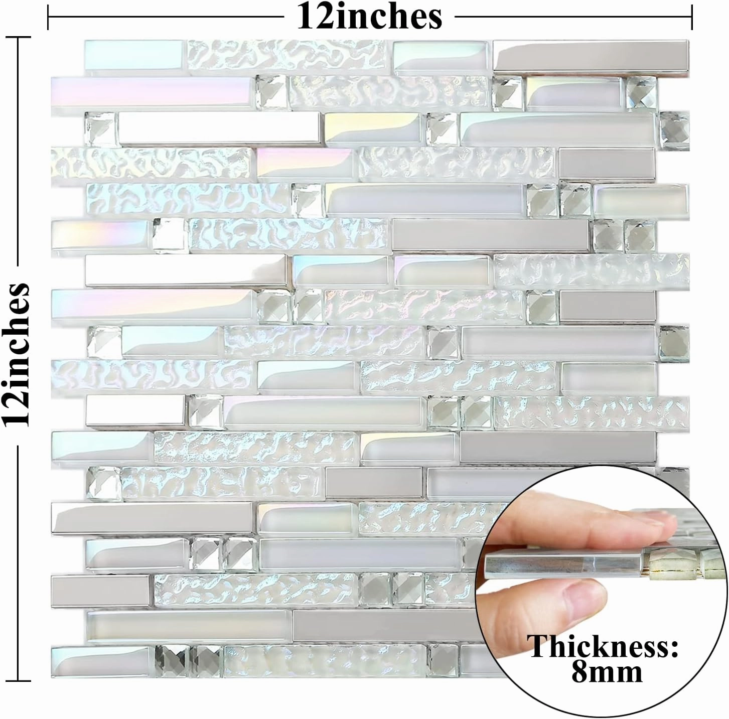 Blujellyfish Glass Metal Tile Iridescent White Glass Silver Mirror Stainless Steel Blends Interlocking Strip Wall Tiles TSTNB01 (Pack of 5 Sheets)