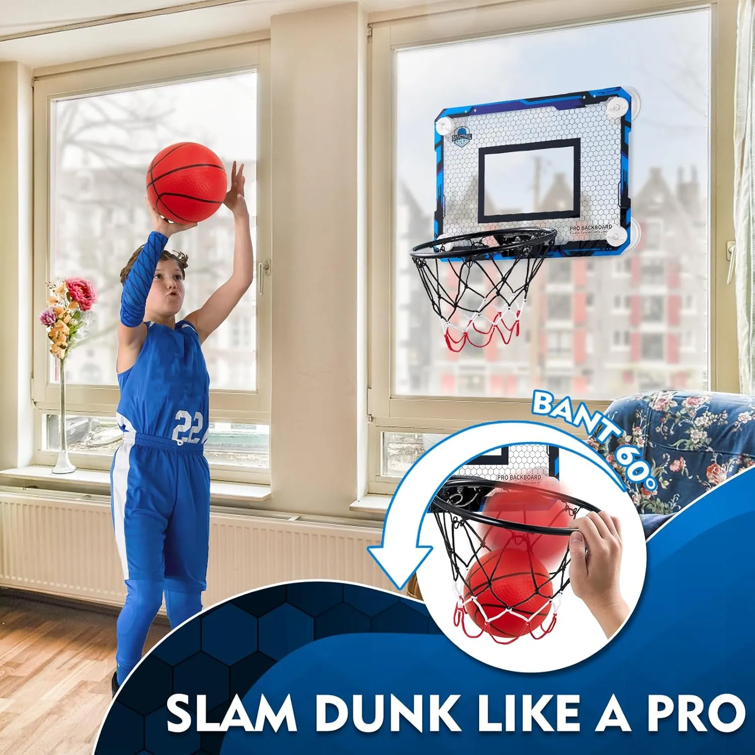 BOHEN Indoor Mini Basketball Hoops with Powerful Suction Cup, Stick to Windows, Wooden Doors, Smooth Walls - Basketball Backboard Toy Indoor Bedroom Office for Kids Teens Adults