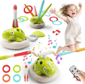 BOLZRA 3 in 1 Dinosaur Rocket Launcher for Kids, Ring Toss Game and Musical Jump, Remote Control Indoor Outdoor Toys for Kids Ages 4-8, Birthday Gifts for Girls and Boys