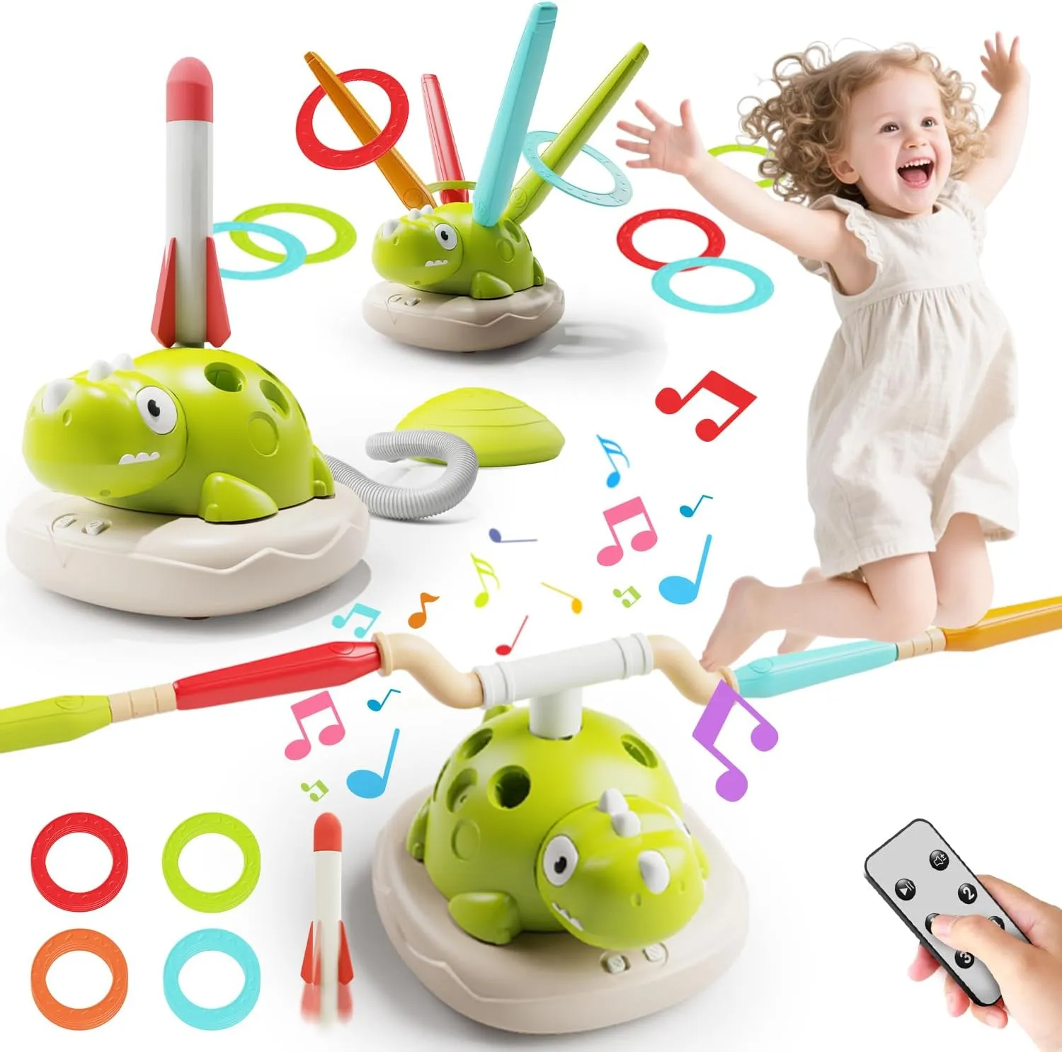 BOLZRA 3 in 1 Dinosaur Rocket Launcher for Kids, Ring Toss Game and Musical Jump, Remote Control Indoor Outdoor Toys for Kids Ages 4-8, Birthday Gifts for Girls and Boys