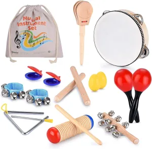 Boxiki kids Musical Instruments Set of 16 PCS - Toddler Educational & Musical Percussion for Kids - with Tambourine, Maracas & Castanets & More to Fine Motor Skills - 3  Years Olds