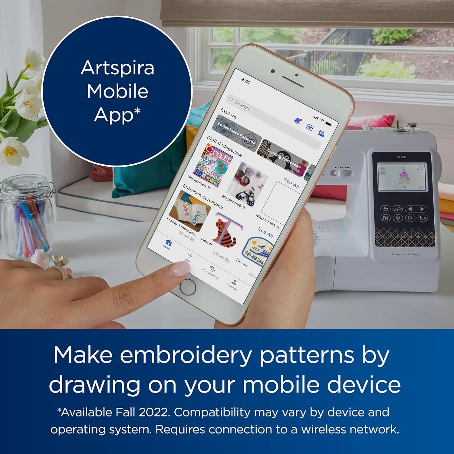Brother SE700 Sewing and Embroidery Machine, Wireless LAN Connected, 135 Built-in Designs, 103 Built-in Stitches, Computerized, 4" x 4" Hoop Area, 3.7" Touchscreen Display, 8 Included Feet, White