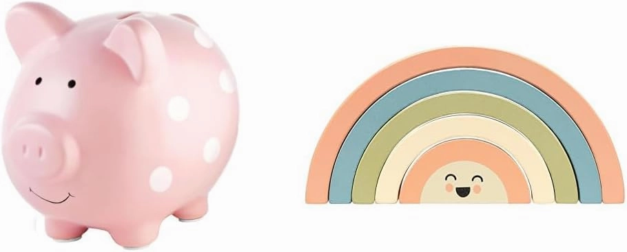Bundle of Pearhead Large Ceramic Piggy Bank   Pearhead Wooden Rainbow Stacking Toy