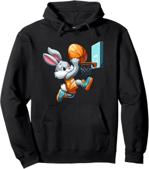 Bunny Rabbit Playing Dunking Basketball Easter Egg Dunk Kids Pullover Hoodie