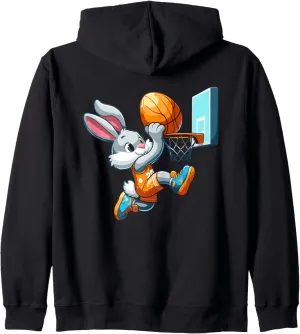 Bunny Rabbit Playing Dunking Basketball Easter Egg Dunk Kids Zip Hoodie