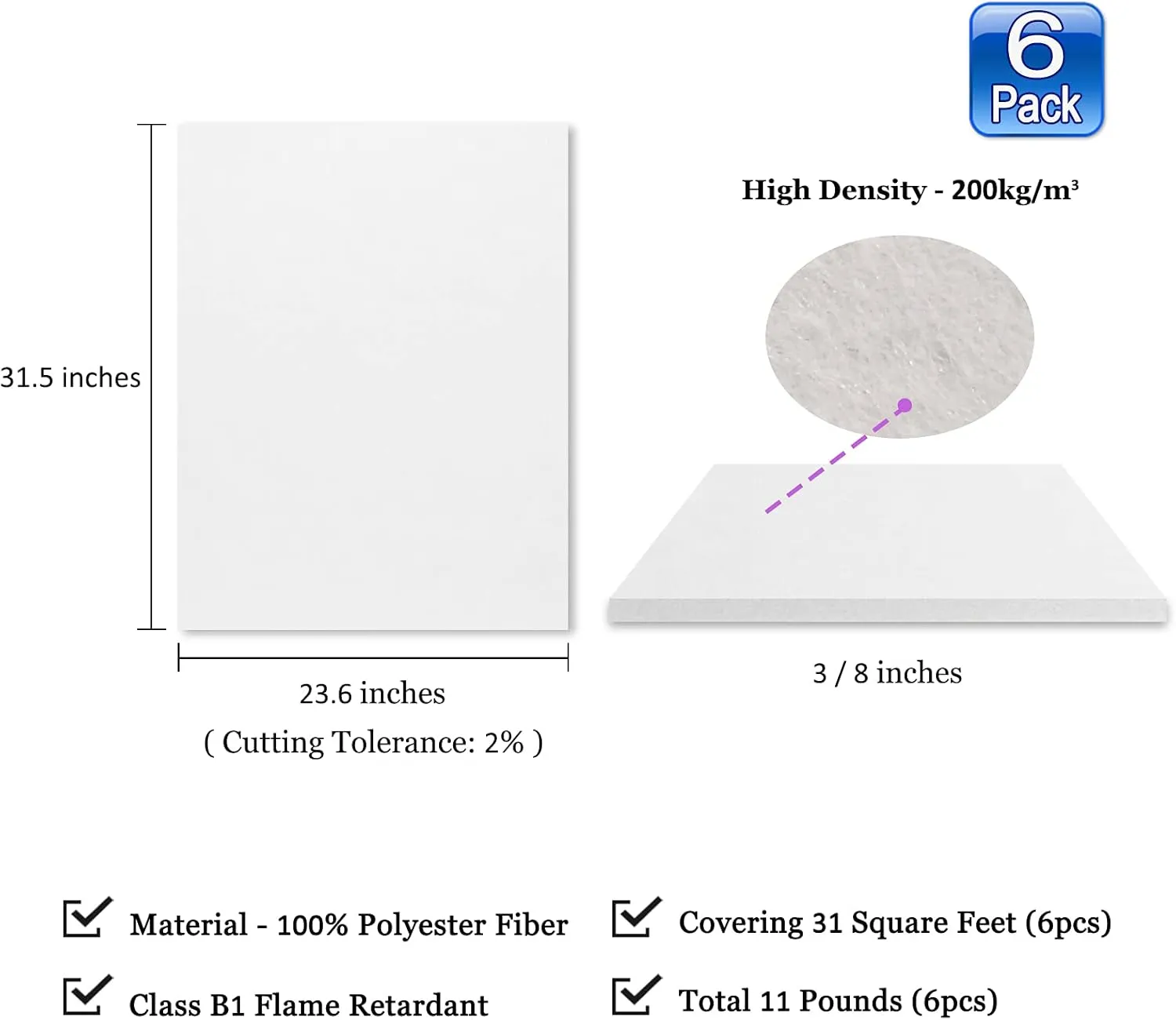 BXI Sound Absorber - 31.5 X 23.6 X 3/8 Inches 6 Pack High Density Acoustic Absorption Panel, Sound Absorbing Panels Reduce Echo Reverb, Tackable Acoustic Panels for Wall and Ceiling Acoustic Treatment