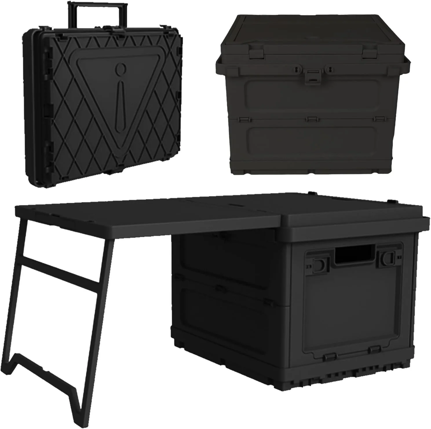 Camping Storage Box with Handle, 3 in 1 Camping Table Foldable with Storage & Warning Signs, Multifunctional Folding Box Table, for Car Outdoor, Beach, Backyards, BBQ, Party & Picnic (Black)
