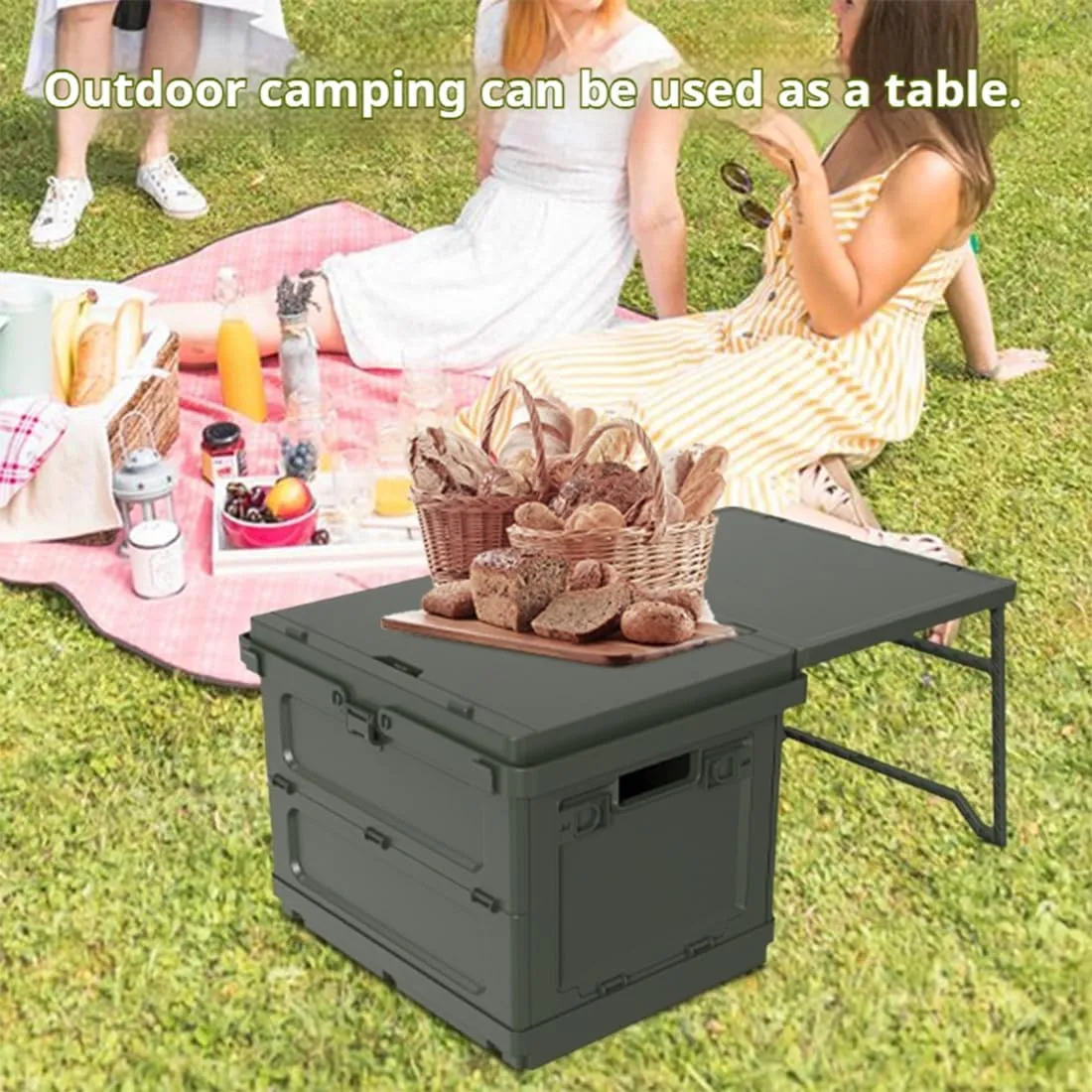Camping Storage Box with Handle, 3 in 1 Camping Table Foldable with Storage & Warning Signs, Multifunctional Folding Box Table, for Car Outdoor, Beach, Backyards, BBQ, Party & Picnic (Black)