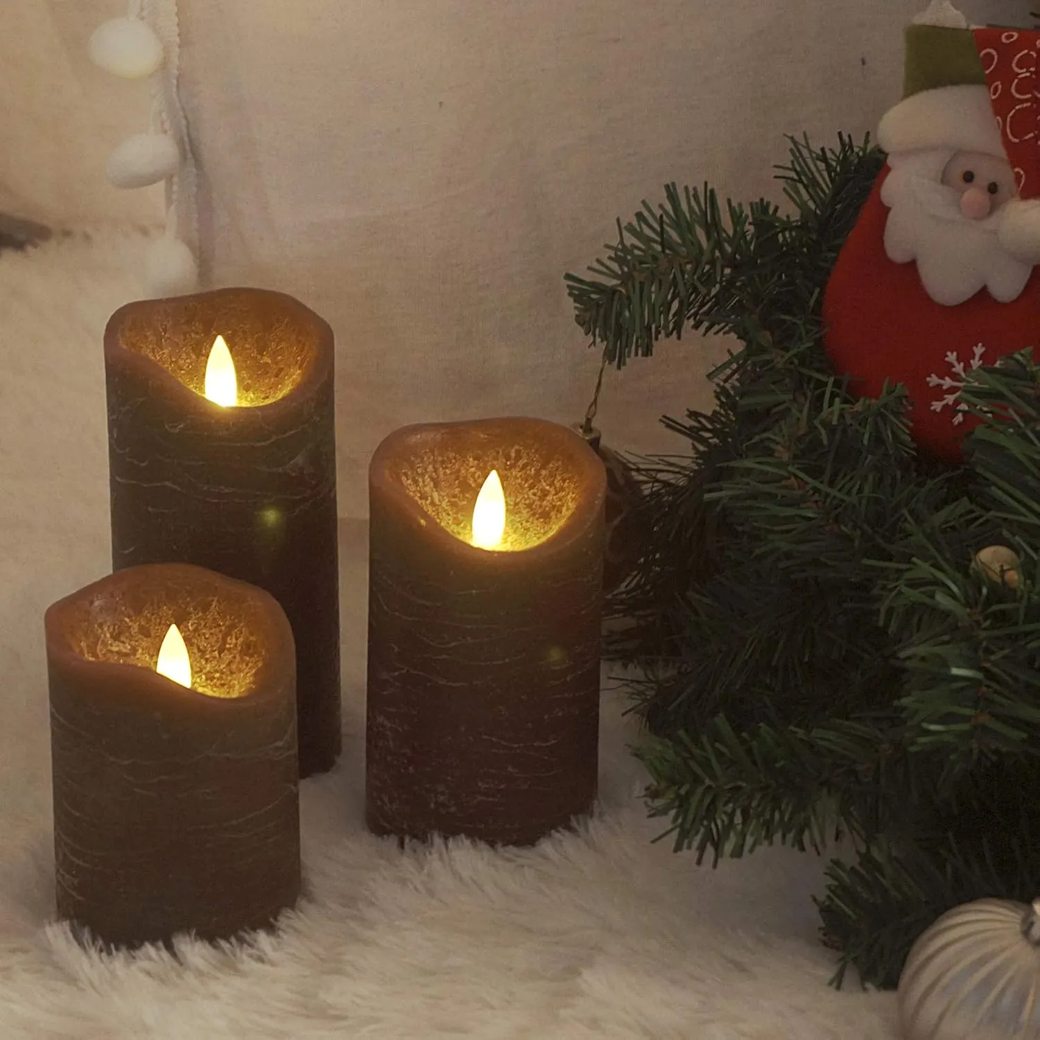 CANDLE CHOICE Battery Operated Flameless Candles with Timer Real Wax Realistic Flickering Electric LED Pillars Automatic Built-in Daily Cycle Timer 6-Hour on 18-Hour Off Set of 3 Rustic Texture Brown