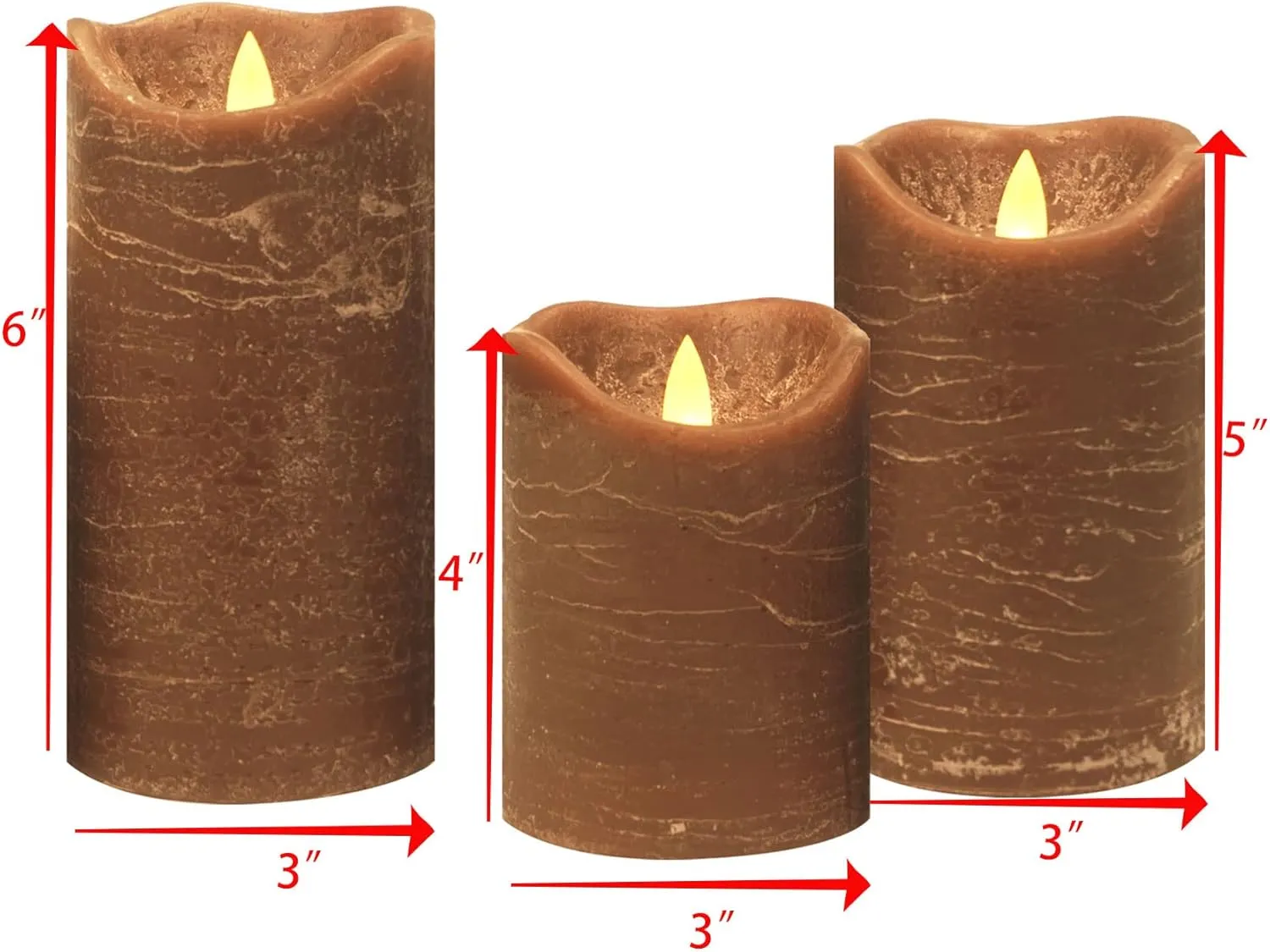 CANDLE CHOICE Battery Operated Flameless Candles with Timer Real Wax Realistic Flickering Electric LED Pillars Automatic Built-in Daily Cycle Timer 6-Hour on 18-Hour Off Set of 3 Rustic Texture Brown