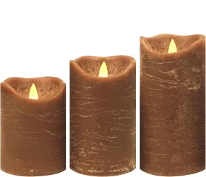 CANDLE CHOICE Battery Operated Flameless Candles with Timer Real Wax Realistic Flickering Electric LED Pillars Automatic Built-in Daily Cycle Timer 6-Hour on 18-Hour Off Set of 3 Rustic Texture Brown