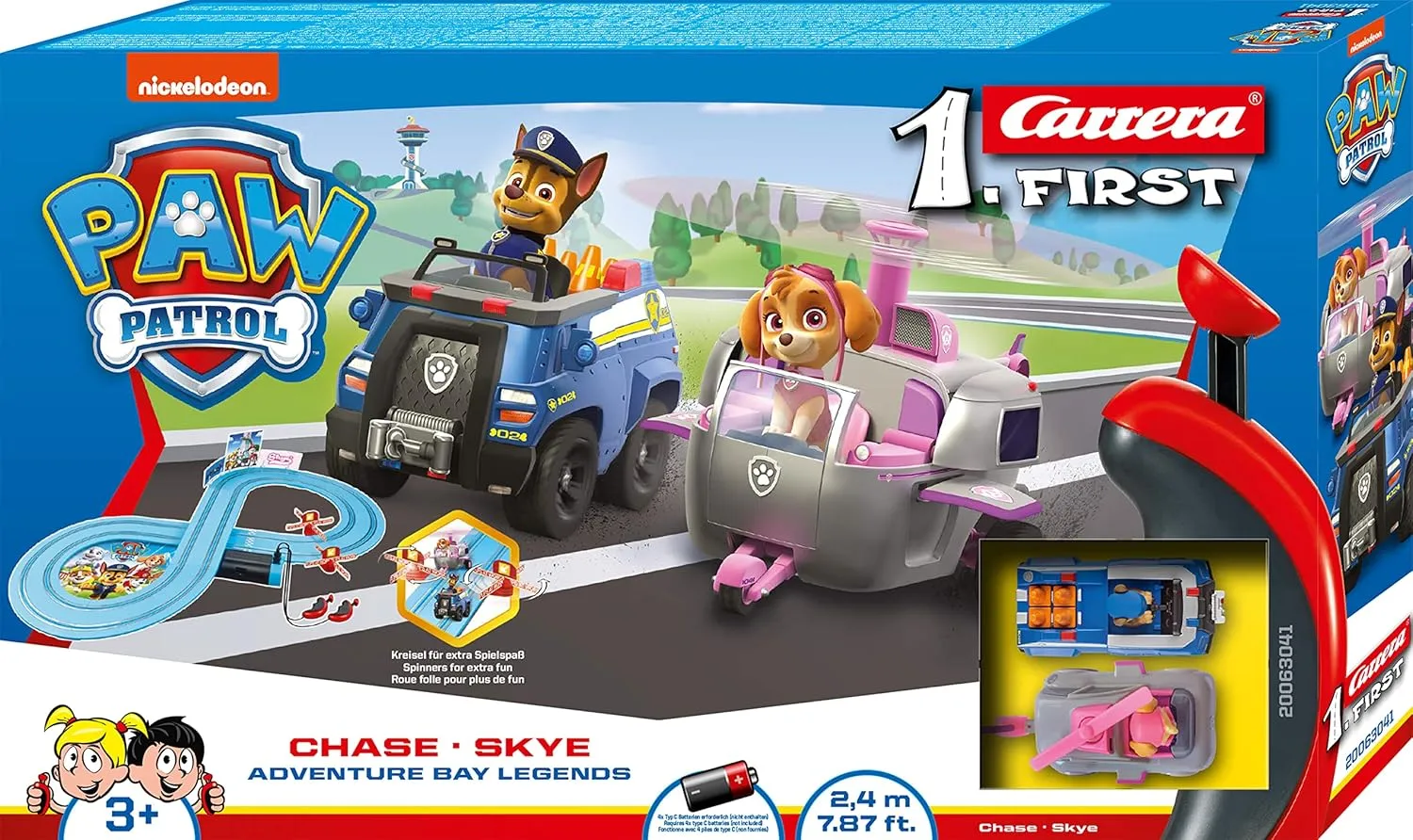 Carrera First Paw Patrol - Slot Car Race Track - Includes 2 Cars: Chase and Skye - Battery-Powered Beginner Racing Set for Kids Ages 3 Years and Up,