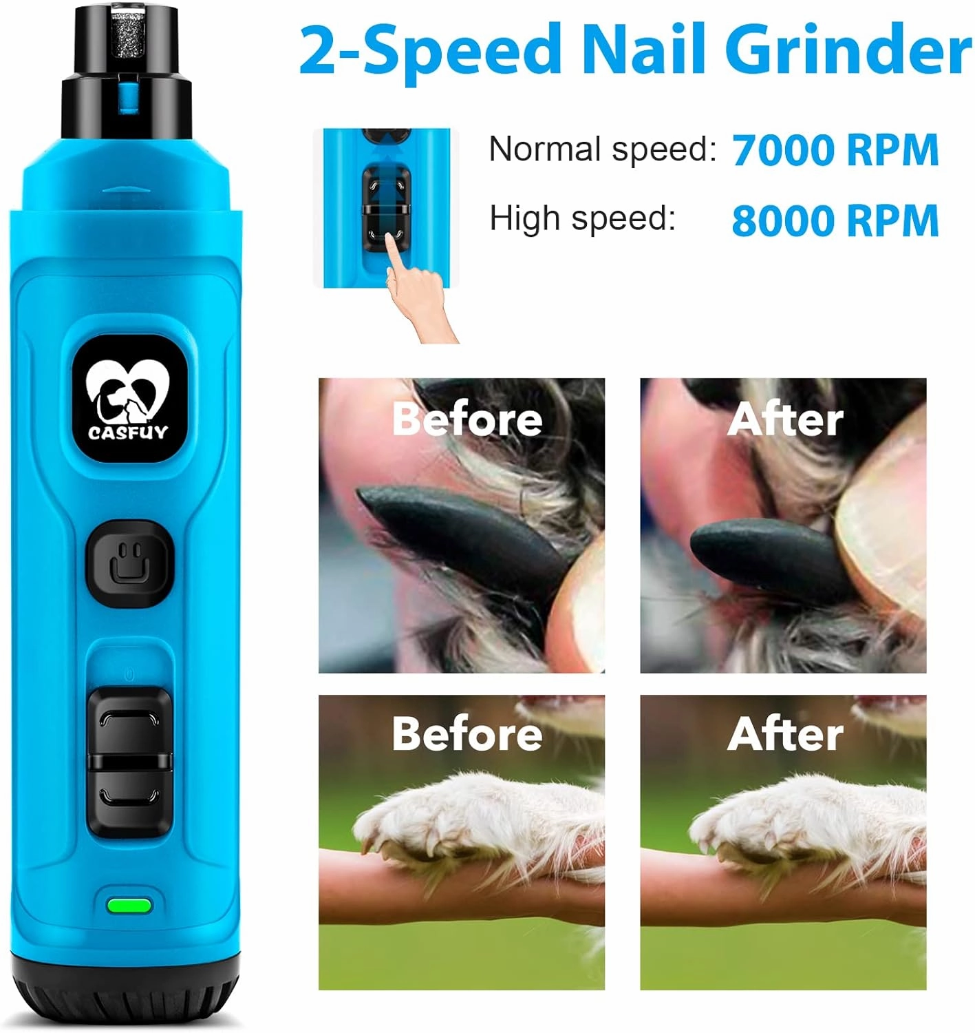 Casfuy Dog Nail Grinder with 2 LED Light - New Version 2-Speed Powerful Electric Pet Nail Trimmer Professional Quiet Painless Paws Grooming & Smoothing for Small Medium Large Dogs(Bright Blue)