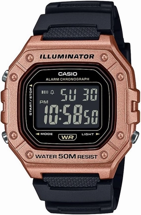 Casio W-218HM-5BV Series | Men’s Digital Watch | Black/Gold | 50M WR | Resin Case | LED Backlight | Auto Calendar | 1/100 SEC Stopwatch | Daily Alarm | 12/24 Hour Format | 7 Year Battery
