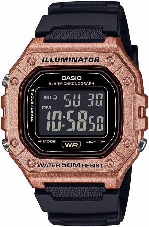 Casio W-218HM-5BV Series | Men’s Digital Watch | Black/Gold | 50M WR | Resin Case | LED Backlight | Auto Calendar | 1/100 SEC Stopwatch | Daily Alarm | 12/24 Hour Format | 7 Year Battery