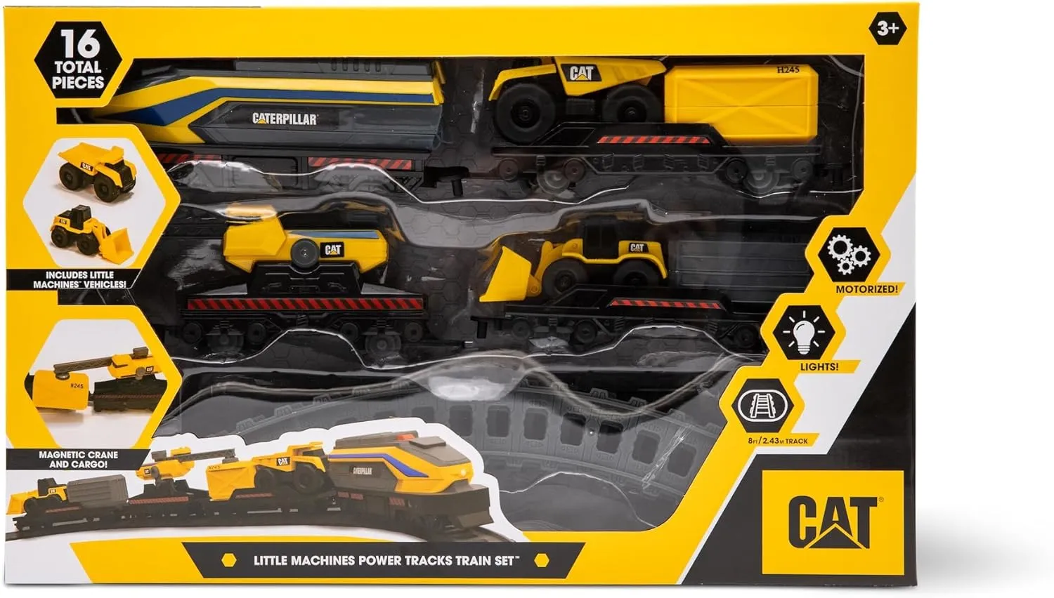 CAT Construction Toys, Little Machines Power Tracks Battery Operated Train Set, Engine with Working Headlight, 3 Rail Cars, Working Crane, 2 Magnetic Cargo Containers, and 2 CAT Trucks for Kids