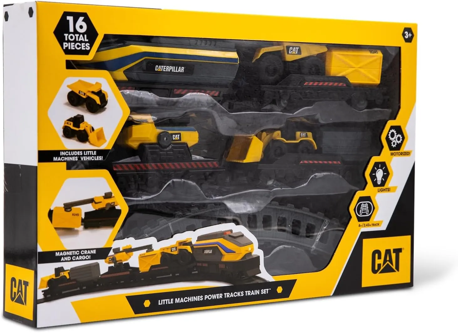 CAT Construction Toys, Little Machines Power Tracks Battery Operated Train Set, Engine with Working Headlight, 3 Rail Cars, Working Crane, 2 Magnetic Cargo Containers, and 2 CAT Trucks for Kids