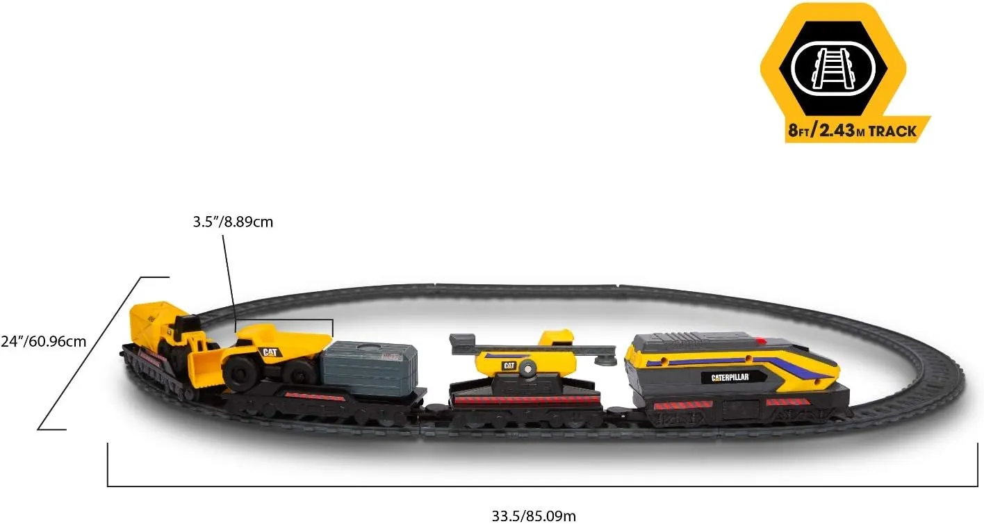 CAT Construction Toys, Little Machines Power Tracks Battery Operated Train Set, Engine with Working Headlight, 3 Rail Cars, Working Crane, 2 Magnetic Cargo Containers, and 2 CAT Trucks for Kids