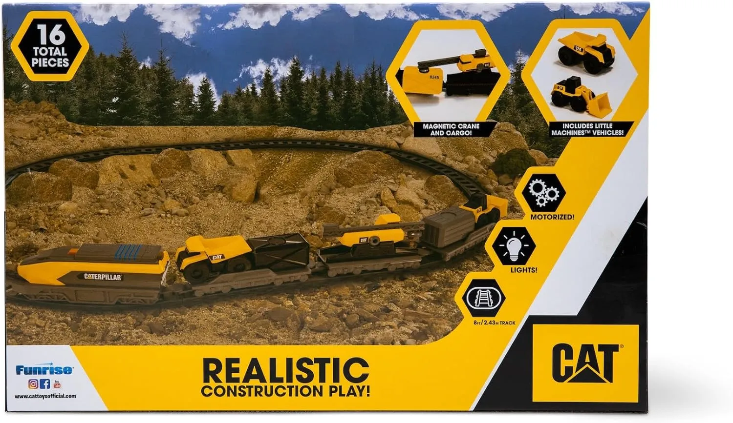 CAT Construction Toys, Little Machines Power Tracks Battery Operated Train Set, Engine with Working Headlight, 3 Rail Cars, Working Crane, 2 Magnetic Cargo Containers, and 2 CAT Trucks for Kids