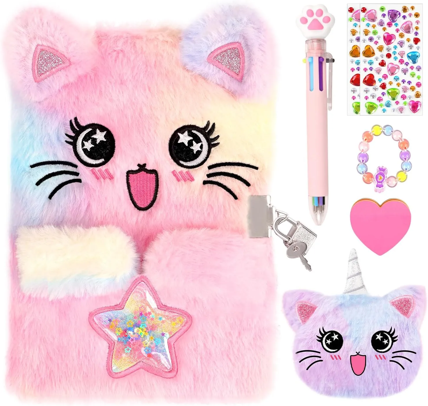 Cat Diary for Girls with Lock and Keys,Tie-Dye Fuzzy Journal for Kids,Hardcover Fluffy Locking Notebook for Writing and Drawing,4-12 Year Old Girls Birthday