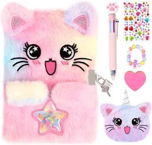 Cat Diary for Girls with Lock and Keys,Tie-Dye Fuzzy Journal for Kids,Hardcover Fluffy Locking Notebook for Writing and Drawing,4-12 Year Old Girls Birthday