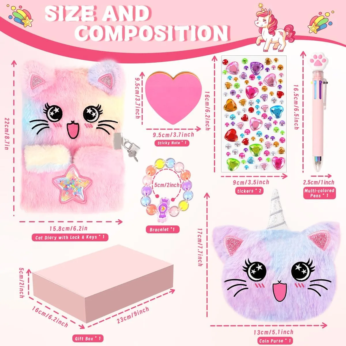 Cat Diary for Girls with Lock and Keys,Tie-Dye Fuzzy Journal for Kids,Hardcover Fluffy Locking Notebook for Writing and Drawing,4-12 Year Old Girls Birthday
