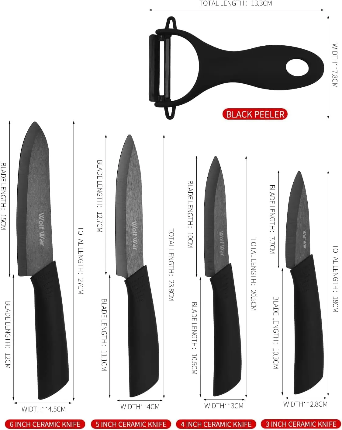 Ceramic Knife, Ceramic Knife Set with Protective Cover, Kitchen Knife Set with 4-Piece Knife and 1 Peeler, Chef's Knife Sets for Meat, Fruit, Vegetables - Black