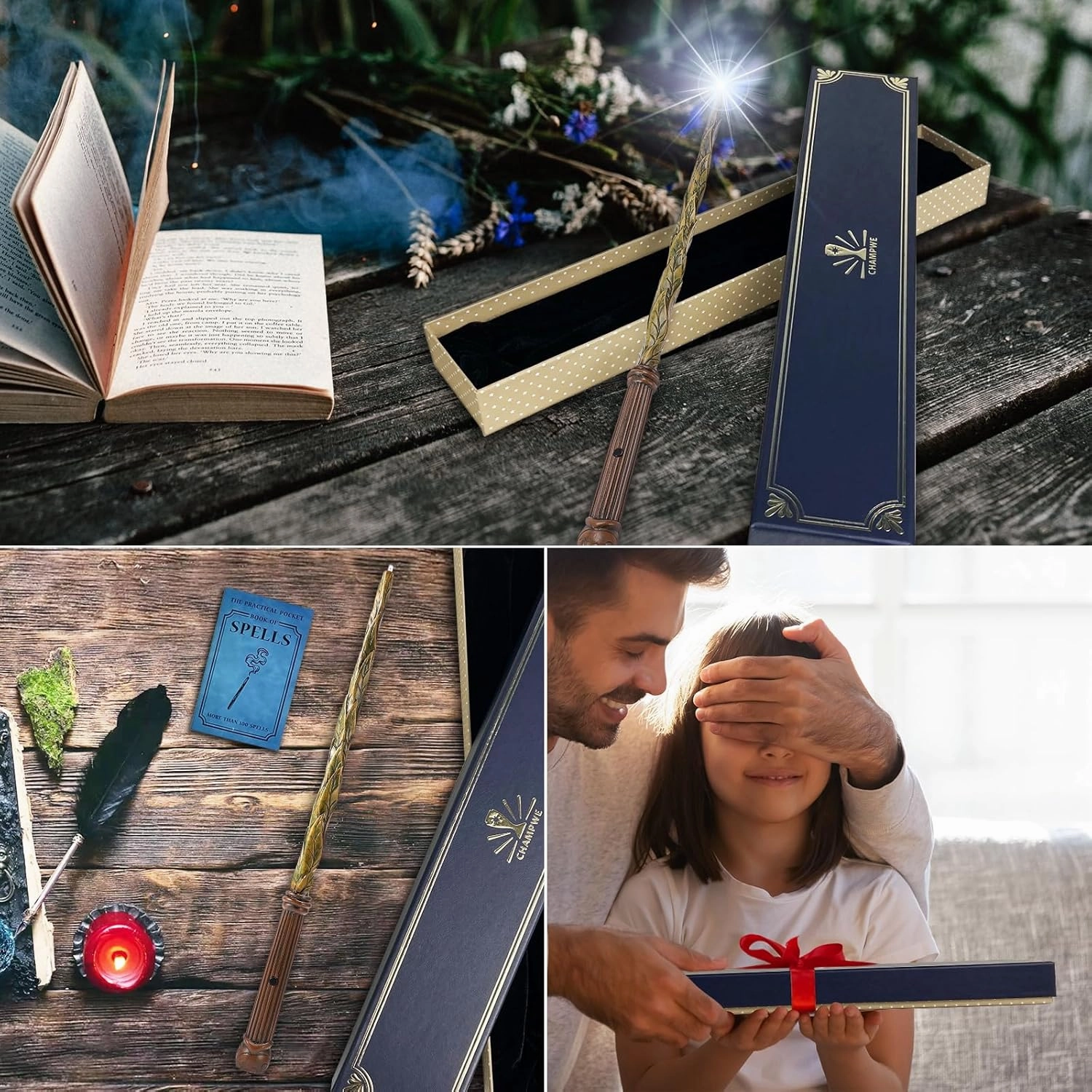 ChampWe Light Up Magic Wizard Wand Rechargeable Illuminating Toy for Kids Witch Collection Cosplay Accessories with Spellbook and Gift Box (Leaf)