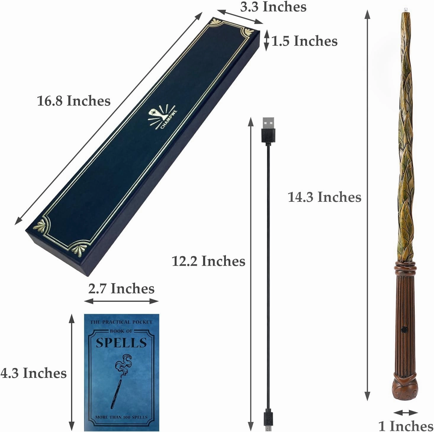 ChampWe Light Up Magic Wizard Wand Rechargeable Illuminating Toy for Kids Witch Collection Cosplay Accessories with Spellbook and Gift Box (Leaf)