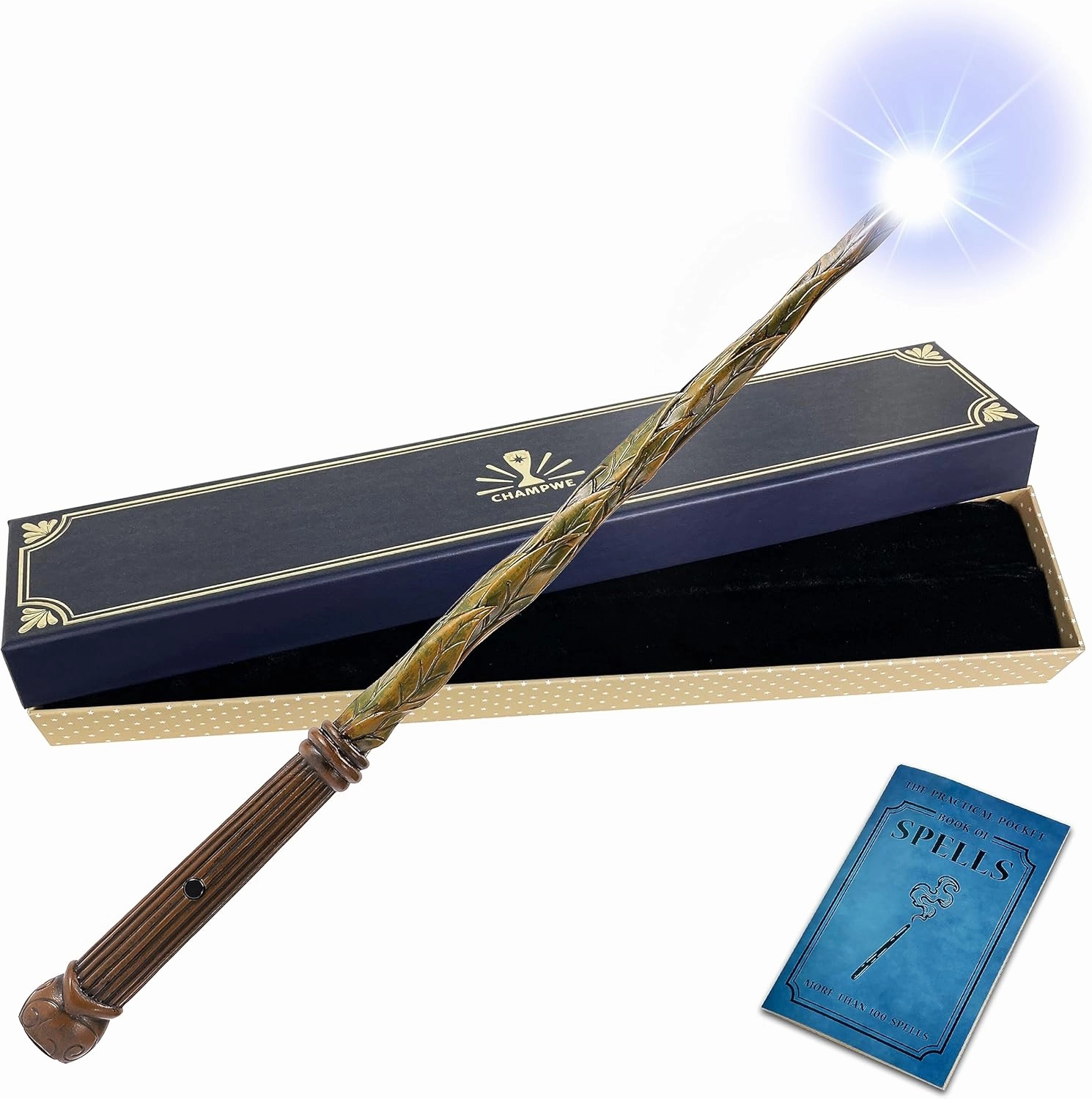 ChampWe Light Up Magic Wizard Wand Rechargeable Illuminating Toy for Kids Witch Collection Cosplay Accessories with Spellbook and Gift Box (Leaf)