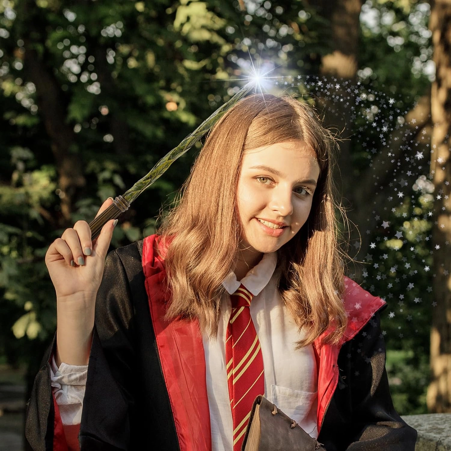 ChampWe Light Up Magic Wizard Wand Rechargeable Illuminating Toy for Kids Witch Collection Cosplay Accessories with Spellbook and Gift Box (Leaf)