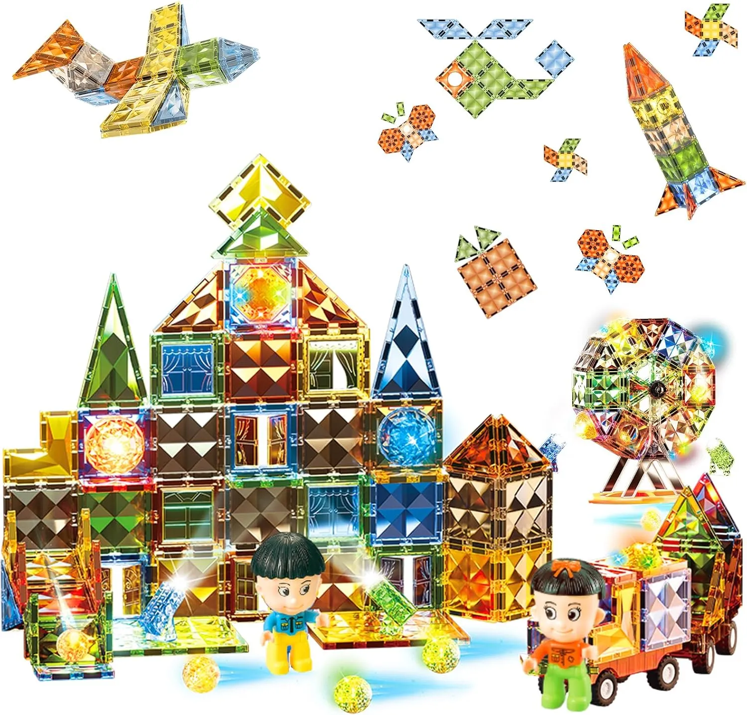 CherbyCherby Diamond Magnetic Tiles with Ferris Wheel 125 Pcs Building Blocks Include Cars and 2 Figures for Kids Ages 3,4,5,6