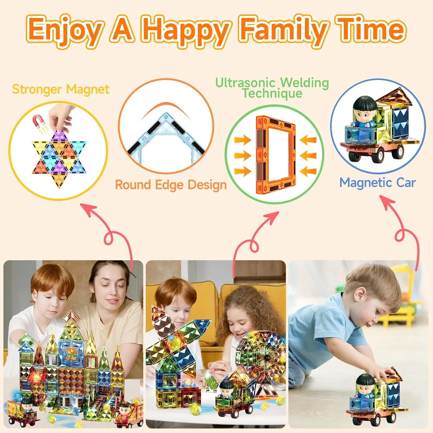 CherbyCherby Diamond Magnetic Tiles with Ferris Wheel 125 Pcs Building Blocks Include Cars and 2 Figures for Kids Ages 3,4,5,6