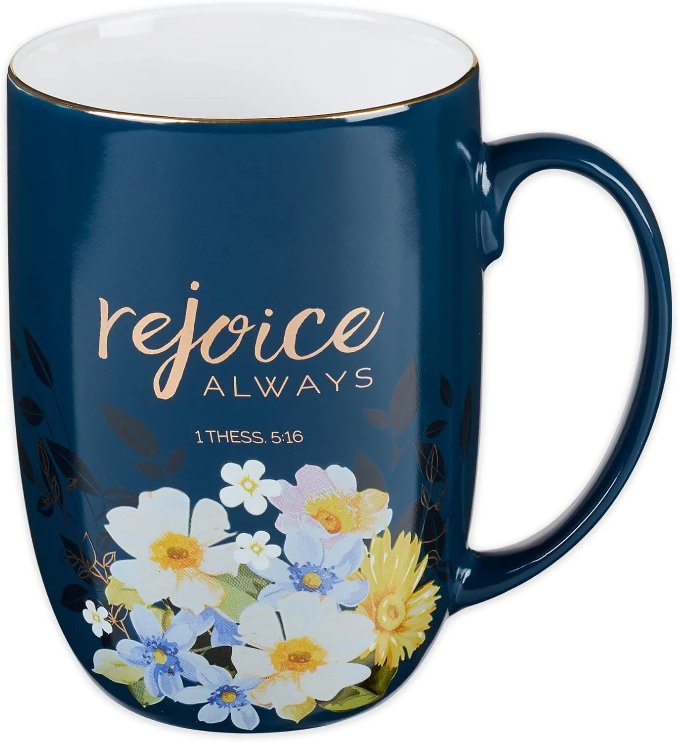 Christian Art Gifts Coffee Mug: Rejoice Always Floral - 1 Thessalonians 5:16 Inspirational Scripture, 15 oz, Navy Blue
