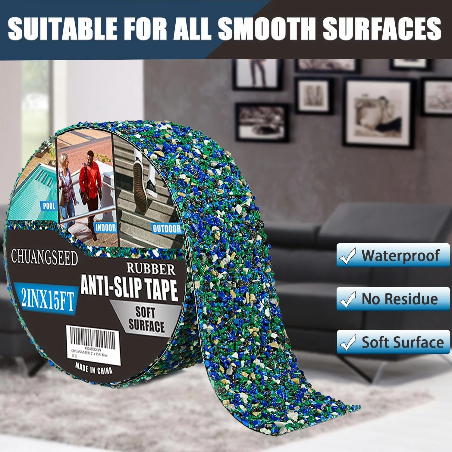 CHUANGSEED Pool Rubber Blue Anti Slip Tape 2 inch x 15feet Outdoor/Indoor Use,Waterproof, Safety Non-Slip Tape for Stair Tread Traction,Tubs,Boats,Trail,Soft